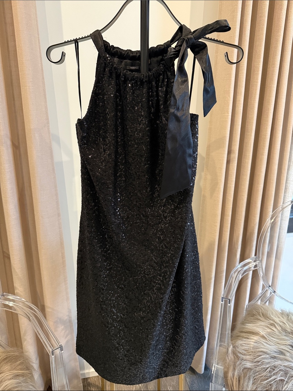 Tahari Black Sequin Halter Dress with Satin Bow